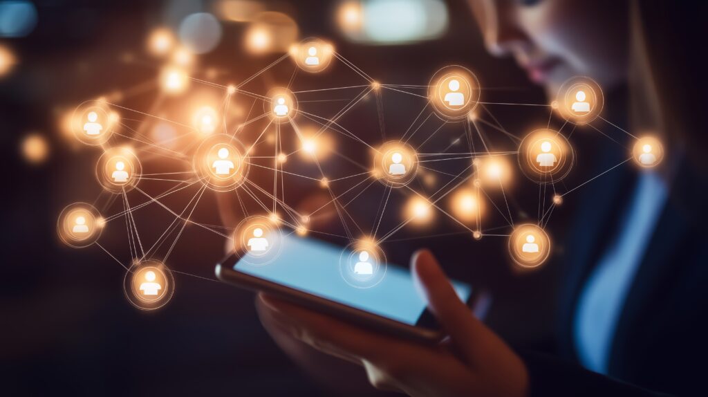 Connect Vinde 22 person using smartphone dimly lit environment with glowing connection graphics representing social